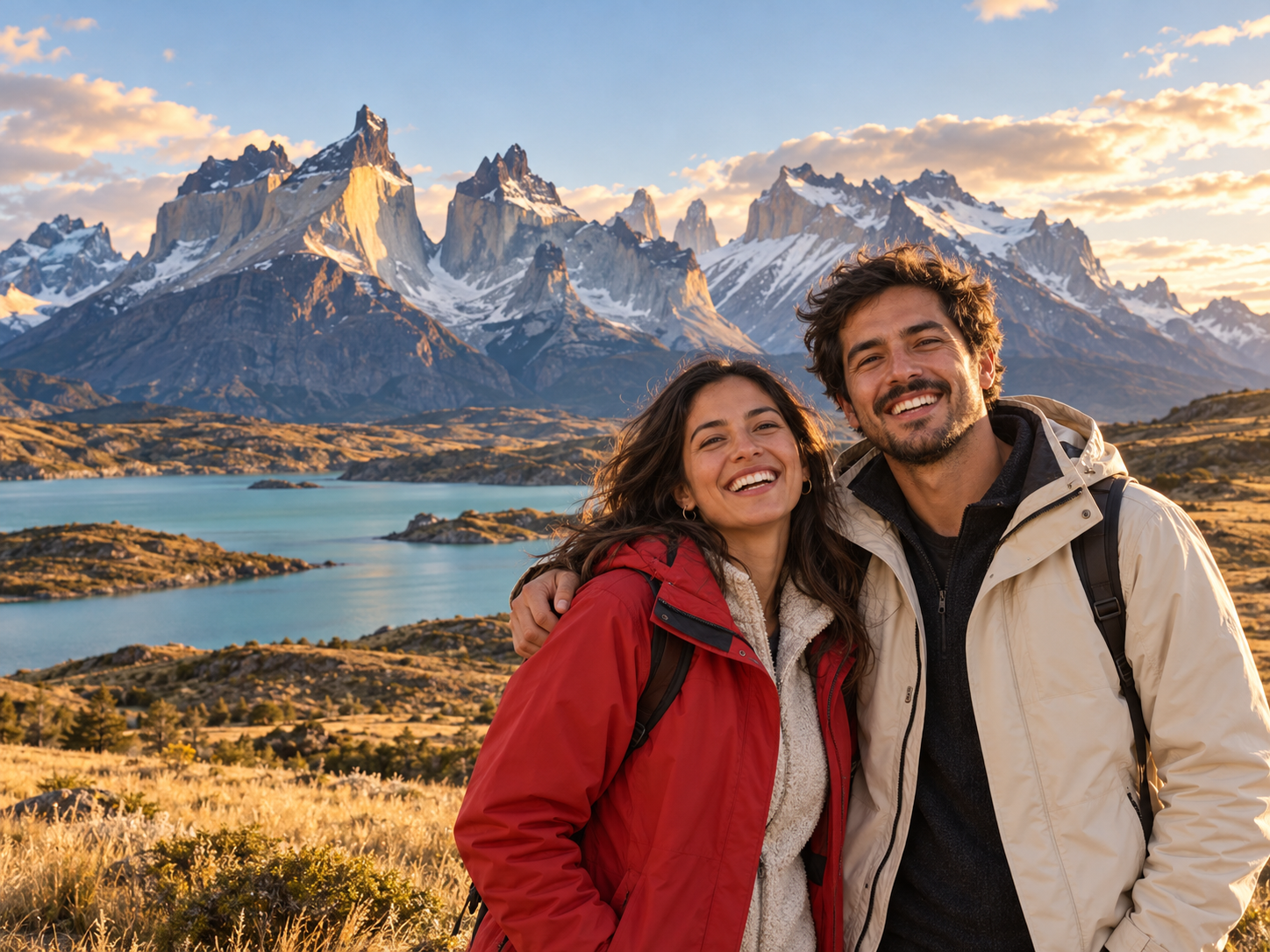 Escena ilustrativa: dos amigos sonríen frente a un paisaje patagónico recreado con IA